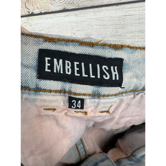 Embellish Distressed Moto Jeans Mens 34 Blue Pink Washed Denim - Picture 8 of 12